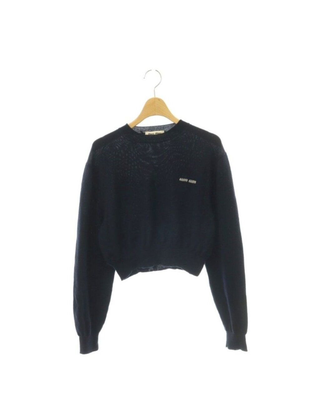 Miu Miu Virgin Wool Logo Cropped Knit Sweater Long Sleeve Navy 38